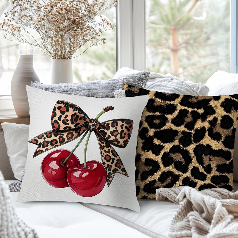 Nipil Trendy Leopard Cheetah Bow Cherry Pillow Covers 18x18 Set of 2, Coquette Cheetah Room Decor, Trendy Cheetah Print Decorative Throw Pillow Covers Pillowcases for Girly Room Bedroom Dorm Apartment - Image 3